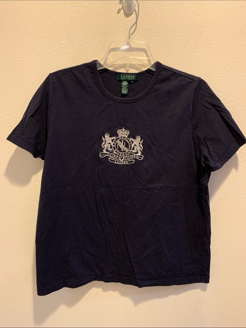 Vintage Lauren Ralph Lauren Black Tee with Silver Crest Embroidery Green Tag 1X